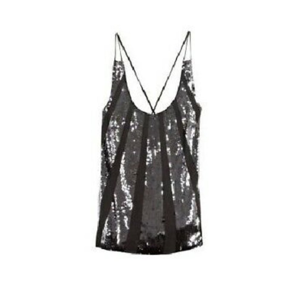 JUICY COUTURE, Y2K, Sz 10, Black silk, black sunburst sequin, cami top